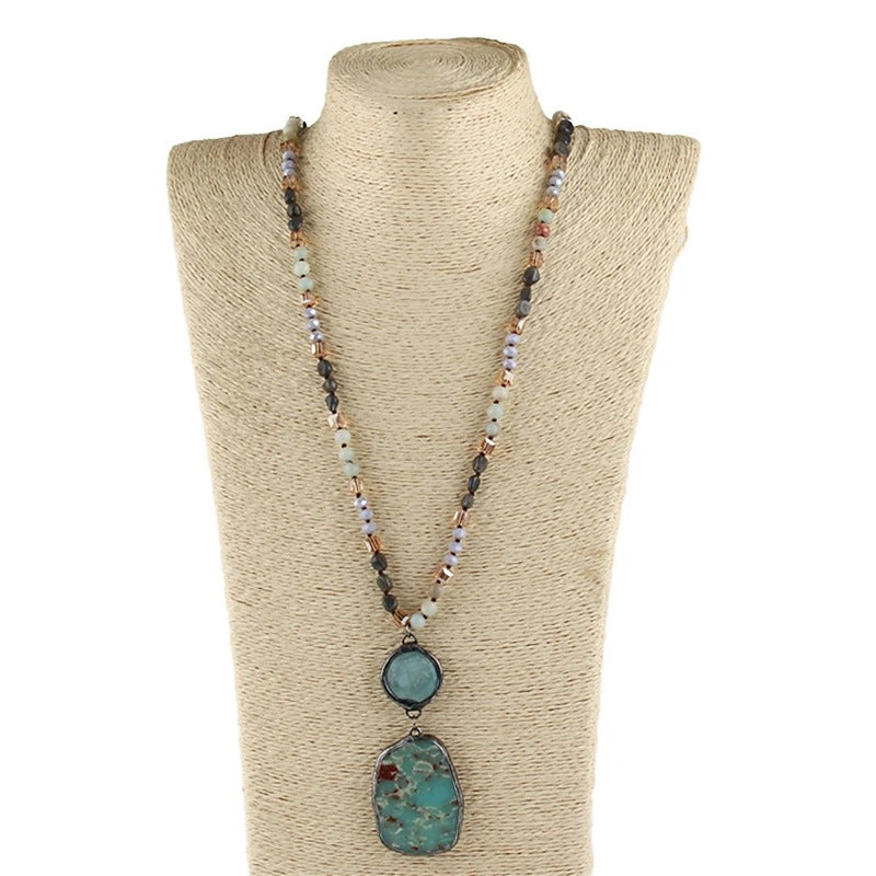 Retro Geometric natural stone Beaded Chain Pendant Necklace In Bulk