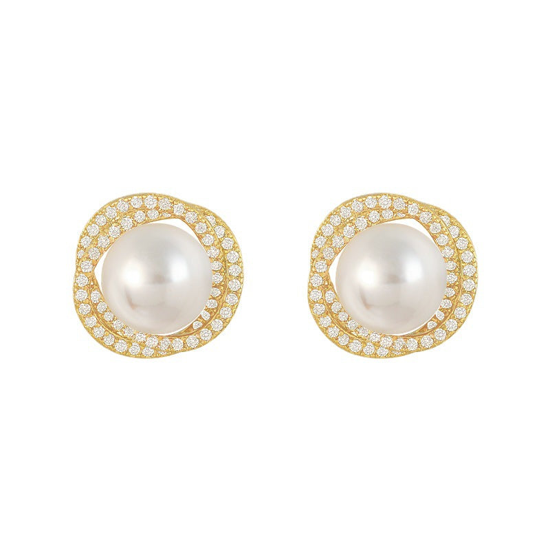 925 Silver Needle Spiral Pearl Stud Earrings Women's Premium Temperament Earrings