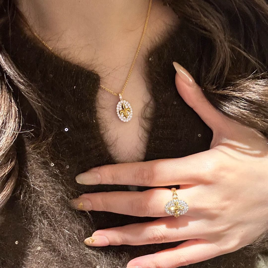 French retro premium iris pendant necklace light luxury ins flower stud earrings temperament diamond-set open ring