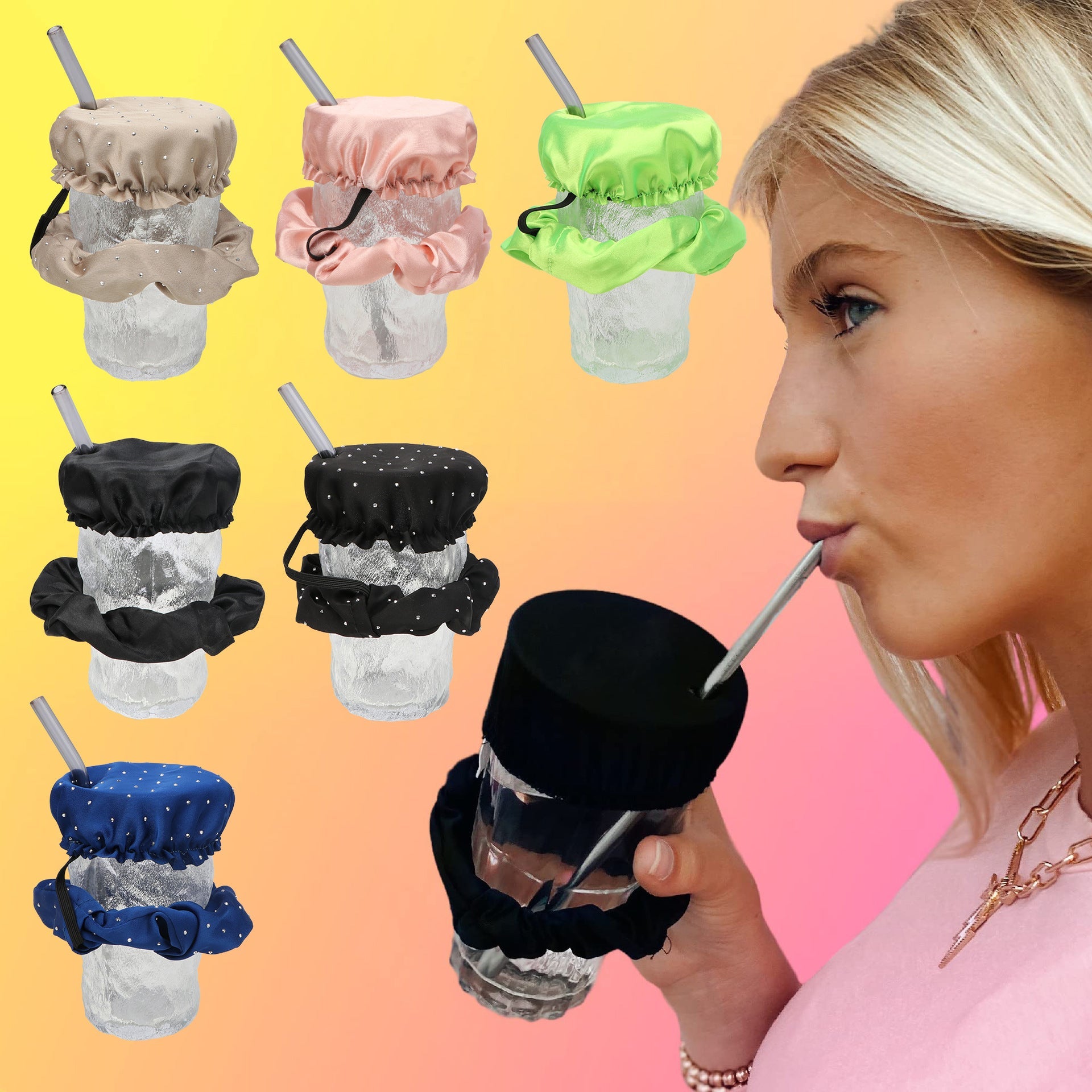 Nightclub Anti-Medicine Artifact Elastic Rubber Band Cup Lid Set  Color Diamond-Embedded Large Intestine Hair Ring Hair Rope for Women