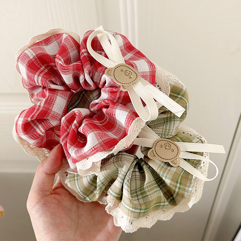 Women's Casual Preppy Style Lattice Bear Bow Knot Cloth Lace Hair Tie