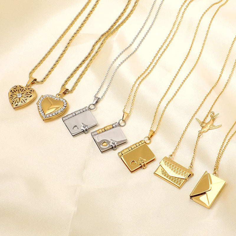 Jewelry IG Style envelope Heart Shape Titanium Steel Zircon Gold Plated Inlay Pendant Necklace