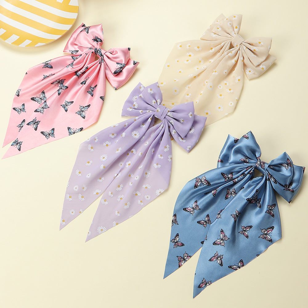 streamer french chiffon butterfly print head ring horsetail bow hair ring