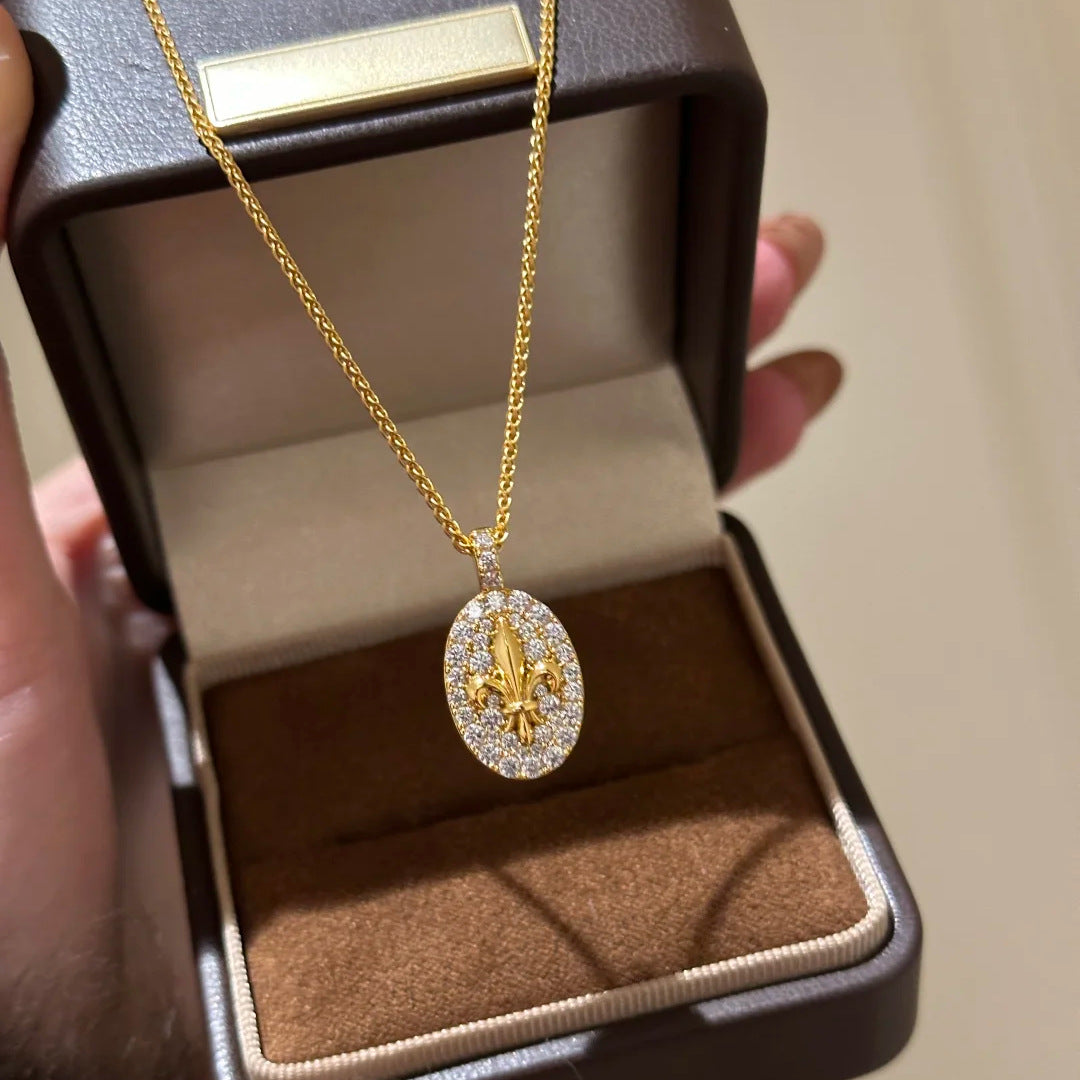 French retro premium iris pendant necklace light luxury ins flower stud earrings temperament diamond-set open ring