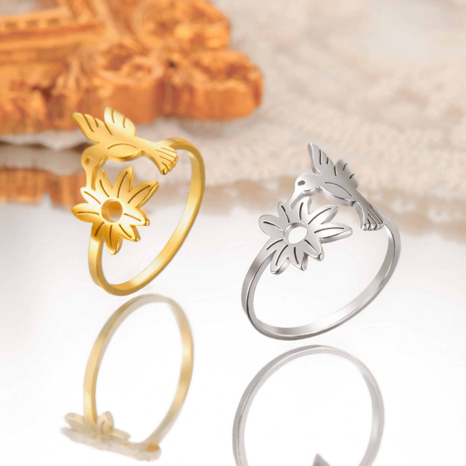 Jewelry Cute Flower Bird 304 Stainless Steel 18K Gold Plated Hollow Out Rings