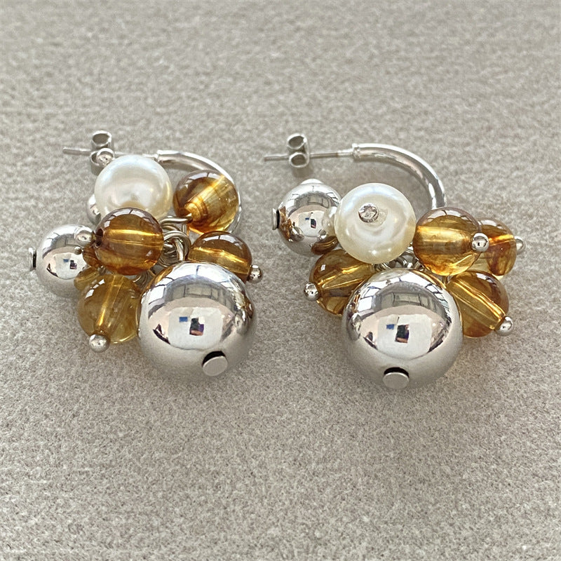Brass Plating Inlay Flower Artificial Pearls Drop Earrings