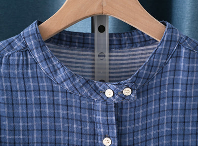 Women Summer Plaid Stand Collar 100%Cotton Shirt