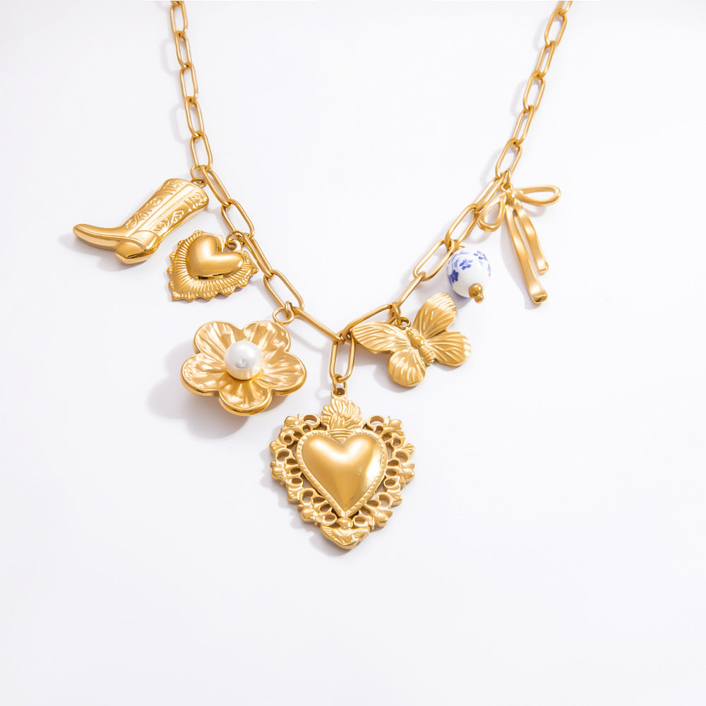 Jewelry Elegant Classic Style Heart Shape Flower 304 Stainless Steel Plating Multi Charms Necklace