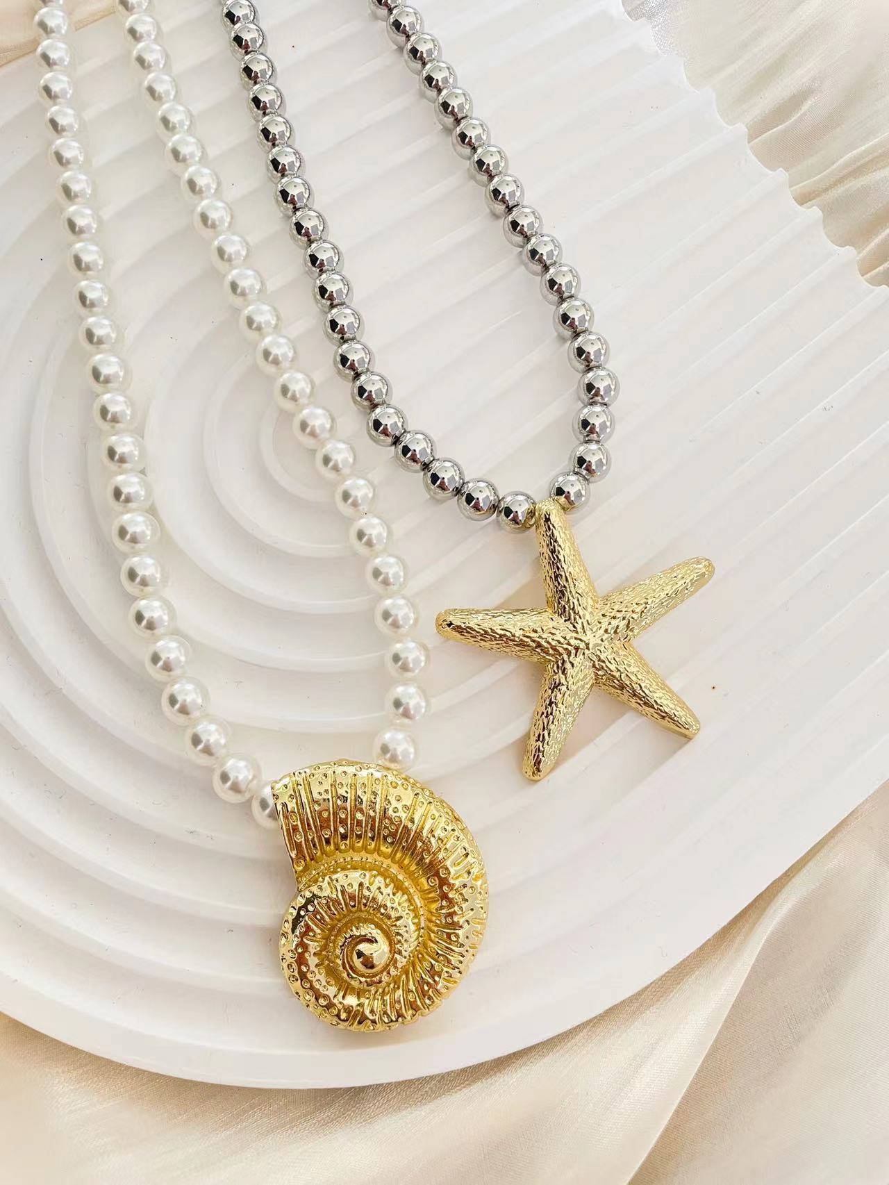 Marine Style Simple Style Starfish Conch Imitation Pearl Alloy  Pendant Necklace