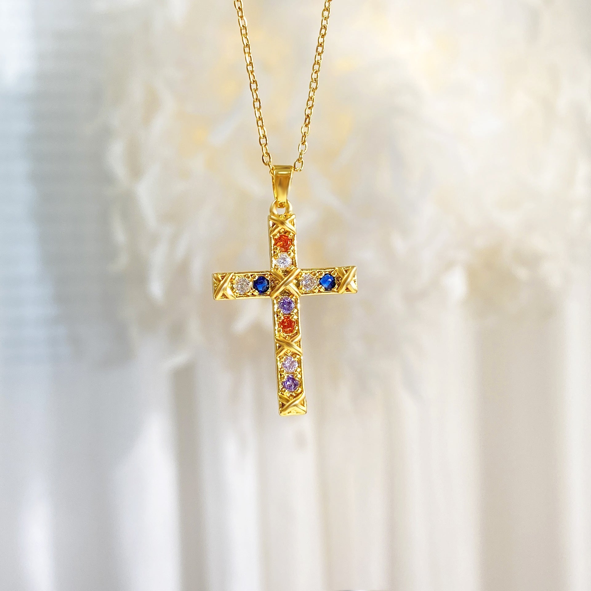 Copper cable chain Plating Cross Zircon Pendant Necklace