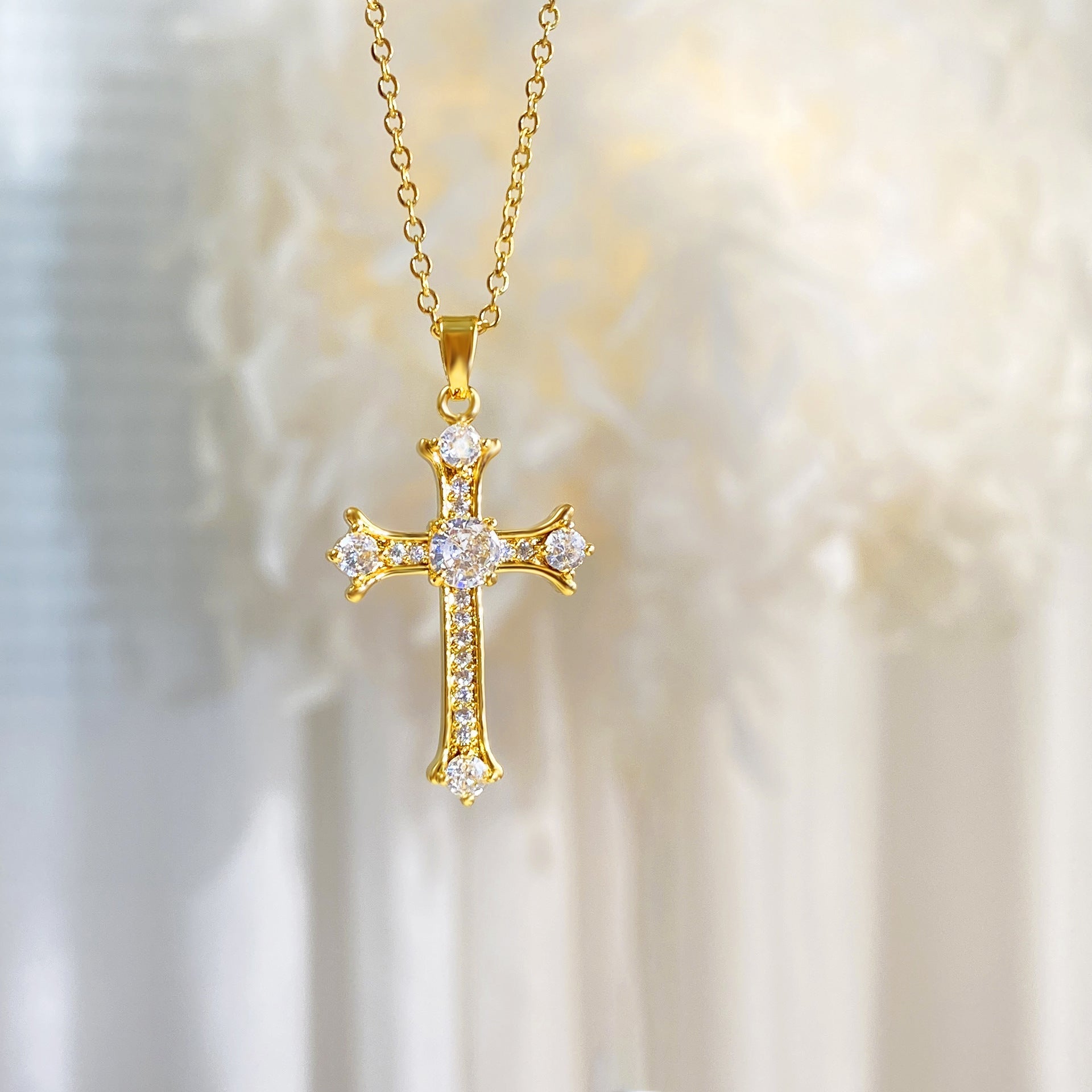 Copper cable chain Plating Cross Zircon Pendant Necklace