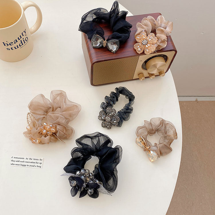 fashion bow knot cloth handmade rhinestones hair tie 1 piece