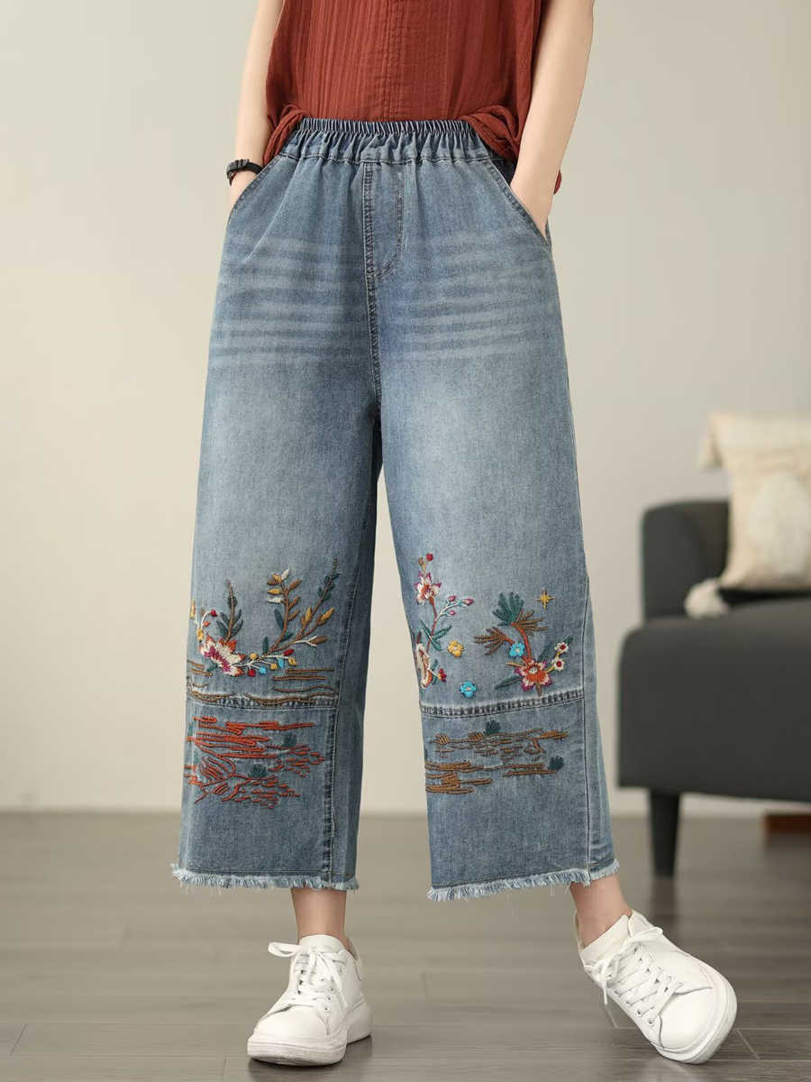 Women Casual Summer Flower Embroidery Denim Straight Pants