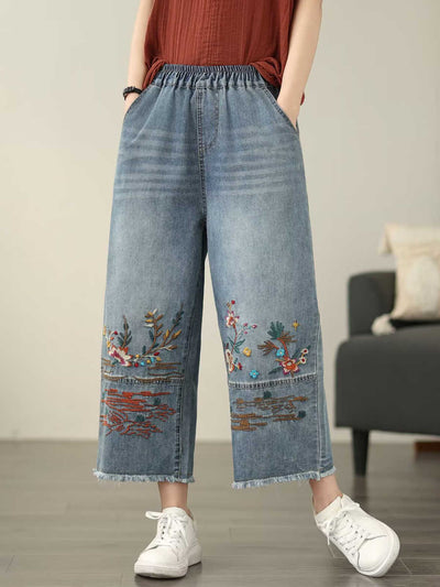 Women Casual Summer Flower Embroidery Denim Straight Pants