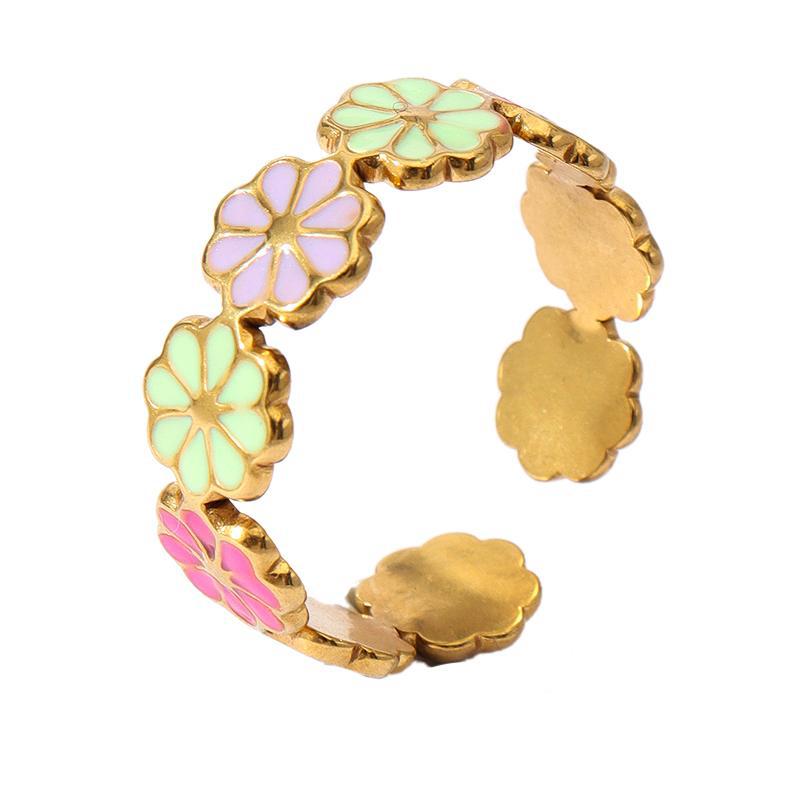 Jewelry Retro Sweet Stripe Flower 304 Stainless Steel Enamel Open Rings