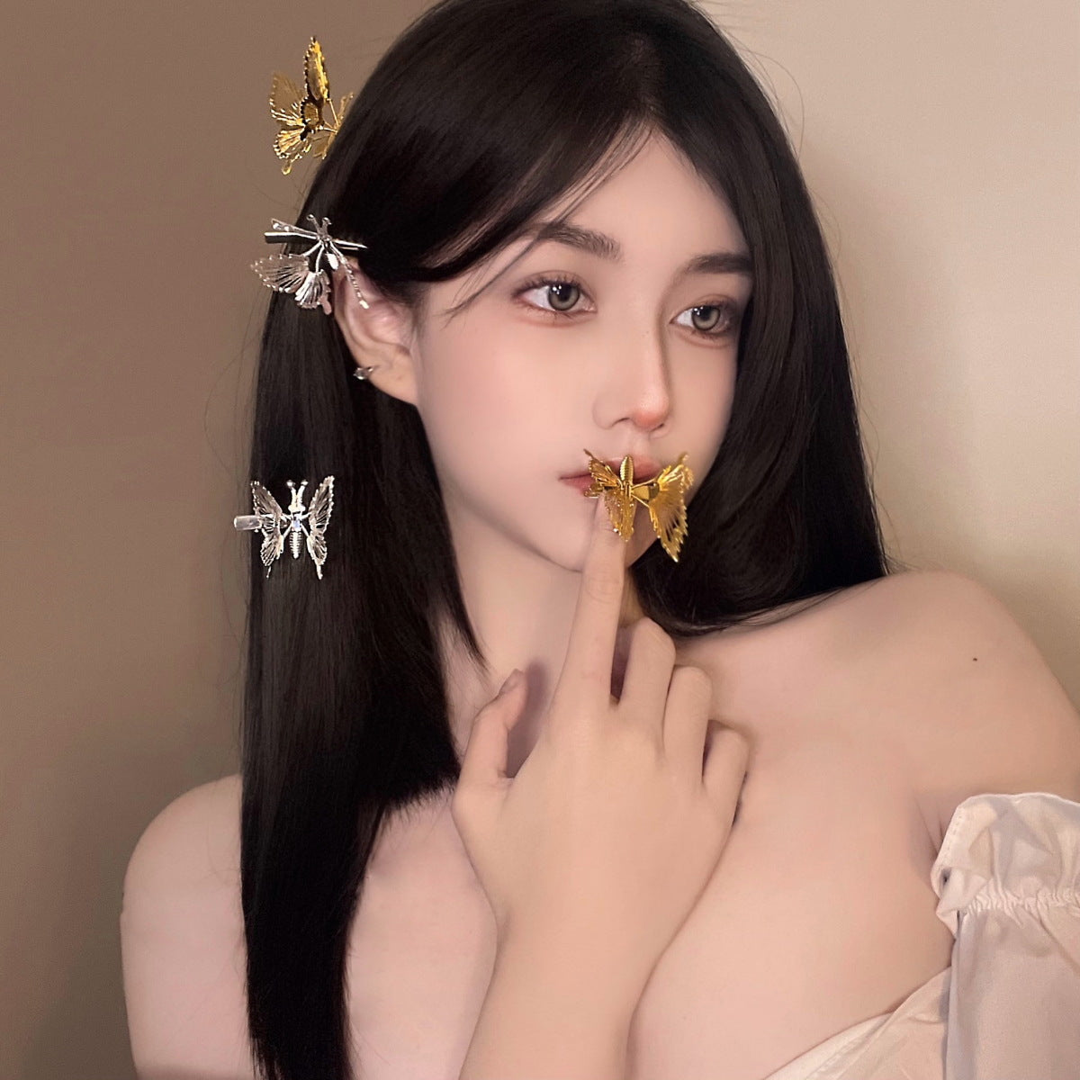 women's fashion butterfly alloy butterfly hollow out artificial pearls hair clip