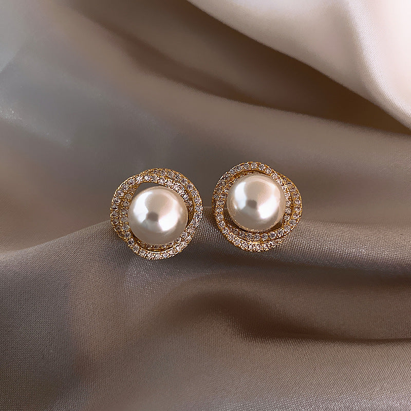 925 Silver Needle Spiral Pearl Stud Earrings Women's Premium Temperament Earrings