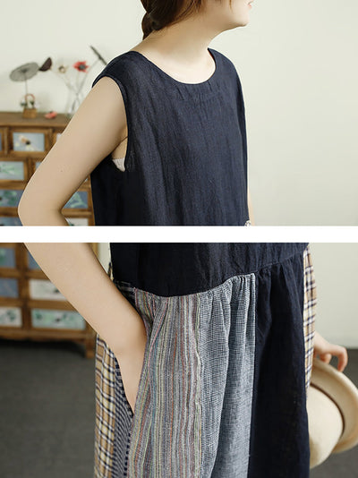 Plus Size Women Summer Plaid Spliced 100%Linen Vest Dress