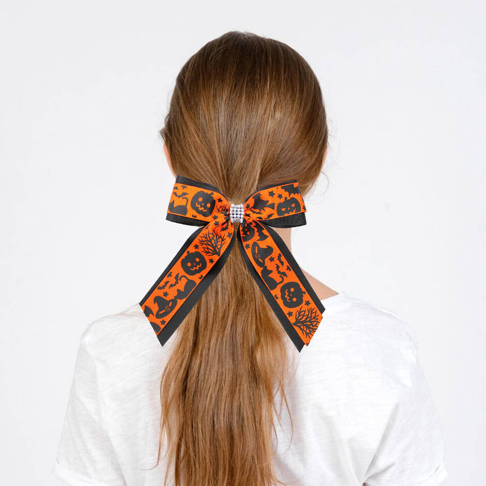Girl'S Casual Pumpkin Bow Knot Ghost Cloth Inlay Rhinestones Hair Clip