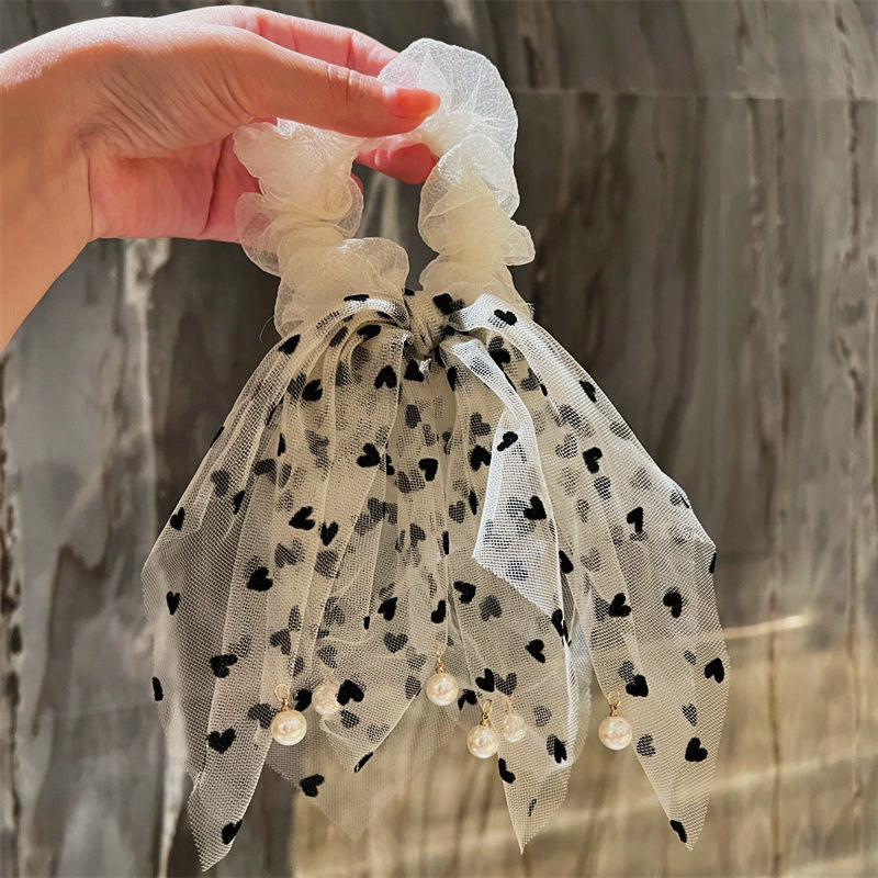 casual heart shape gauze tassel pearl hair tie