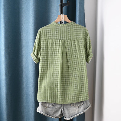 Women Summer Plaid Stand Collar 100%Cotton Shirt
