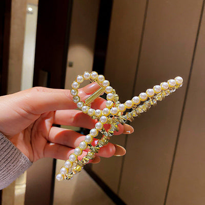 elegant geometric alloy inlay artificial pearls hair claws 1 piece