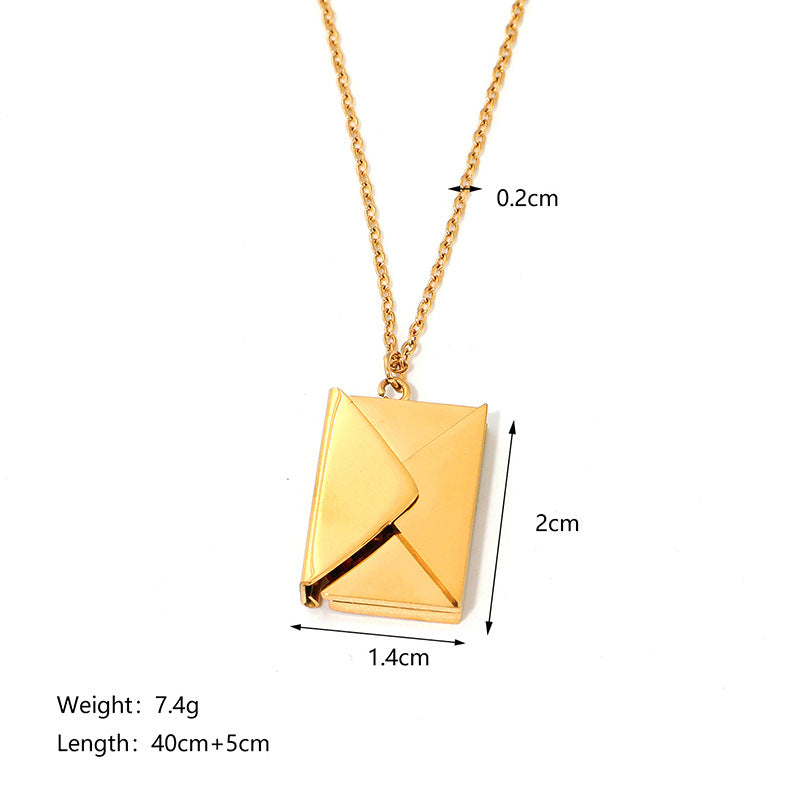Jewelry IG Style envelope Heart Shape Titanium Steel Zircon Gold Plated Inlay Pendant Necklace