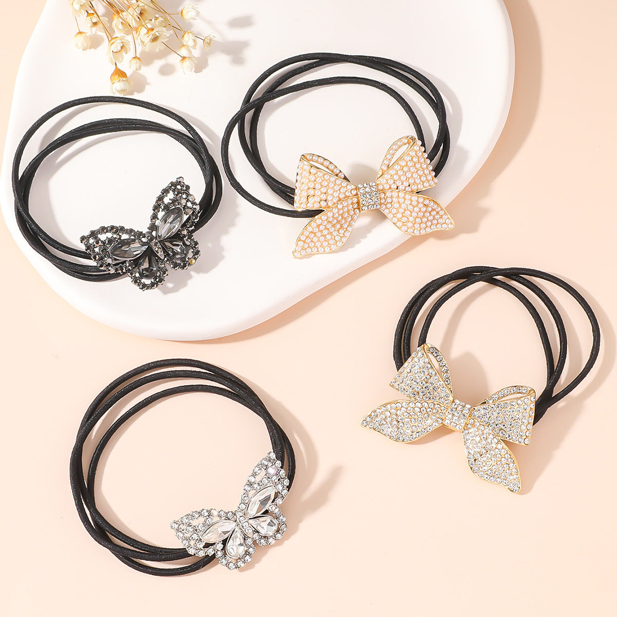 women's simple style butterfly bow knot alloy inlay rhinestones pearl hair tie