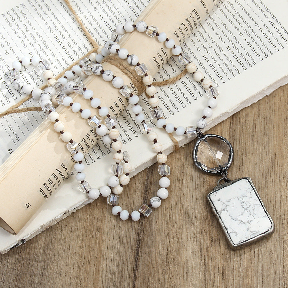 Retro Geometric natural stone Beaded Chain Pendant Necklace In Bulk