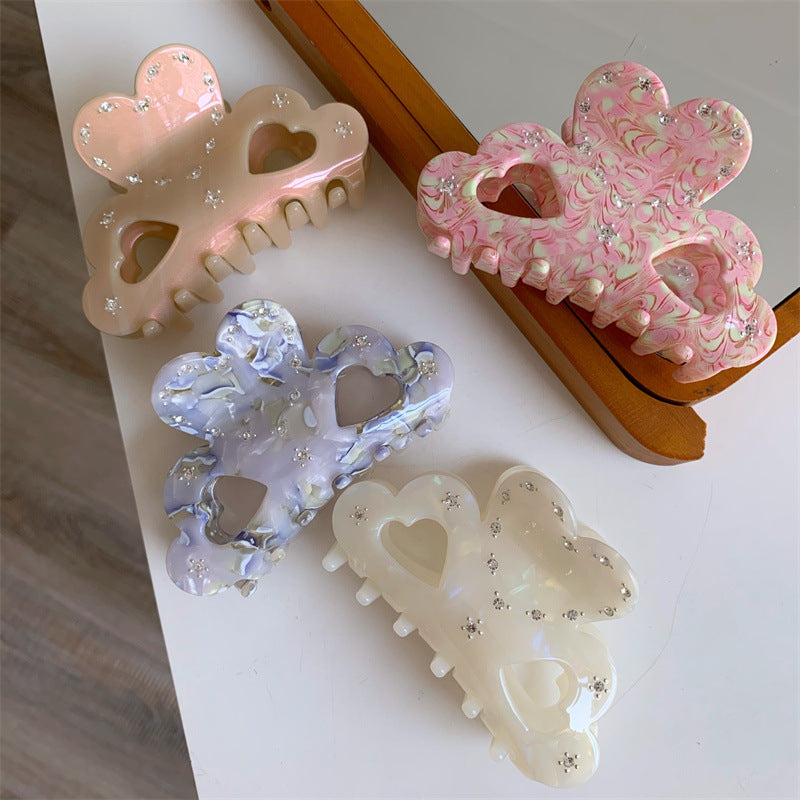 Women's Sweet Heart Shape Acetic acid sheets Hollow Out Inlay Rhinestones Hair Claws