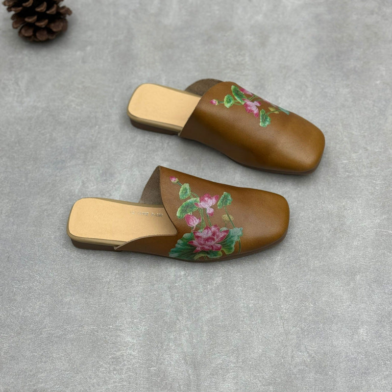 Women Vintage Flower Print Soft Leather Low Heel Slippers