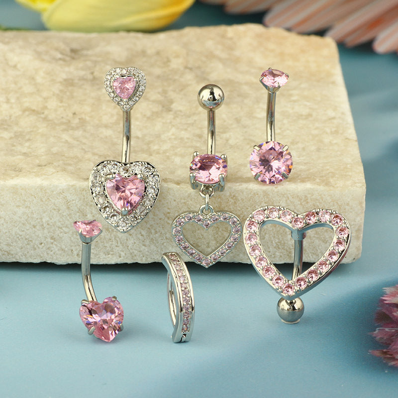 1 Piece 1 Set Belly Rings Hip-Hop Shiny Heart Shape 316L Stainless Steel  Copper Hollow Out Inlay Zircon Belly Rings