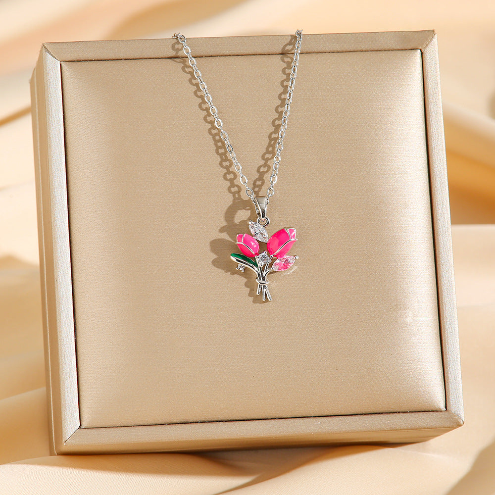 Jewelry Simple Style Tulip Titanium Steel Zircon Pendant Necklace
