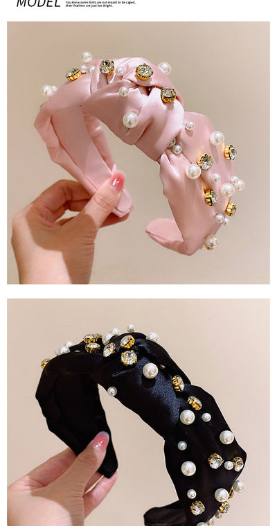 retro lady classic style solid color cloth inlaid pearls hair band