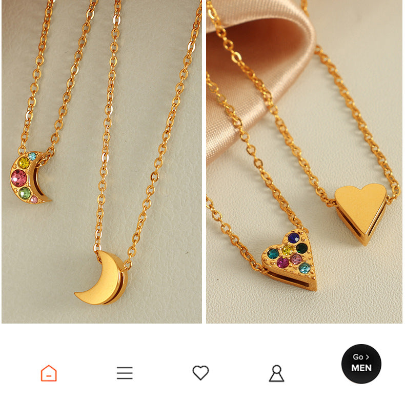 Jewelry IG Style Classic Style Geometric Moon Heart Shape Titanium Steel Rhinestones Plating Pendant Necklace