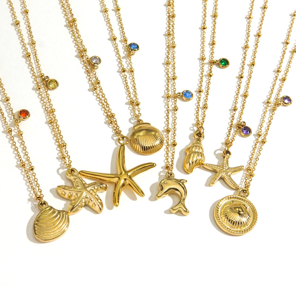 Jewelry Marine Style Starfish Conch Dolphin Titanium Steel Inlaid Gemstone Pendant Necklace