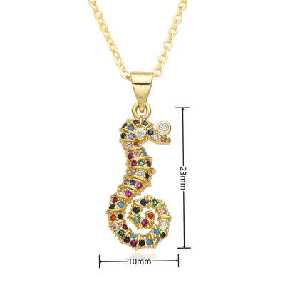 Copper Inlay Hippocampus Zircon Pendant Necklace