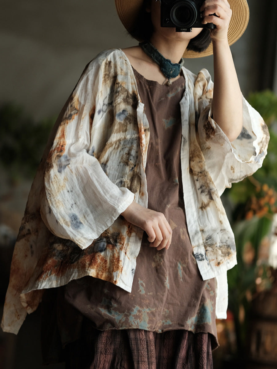 Women Summer Vintage Print O-Neck Thin Ramie Shirt