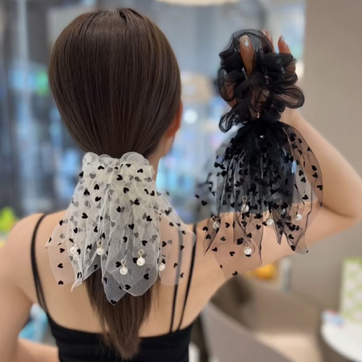 casual heart shape gauze tassel pearl hair tie