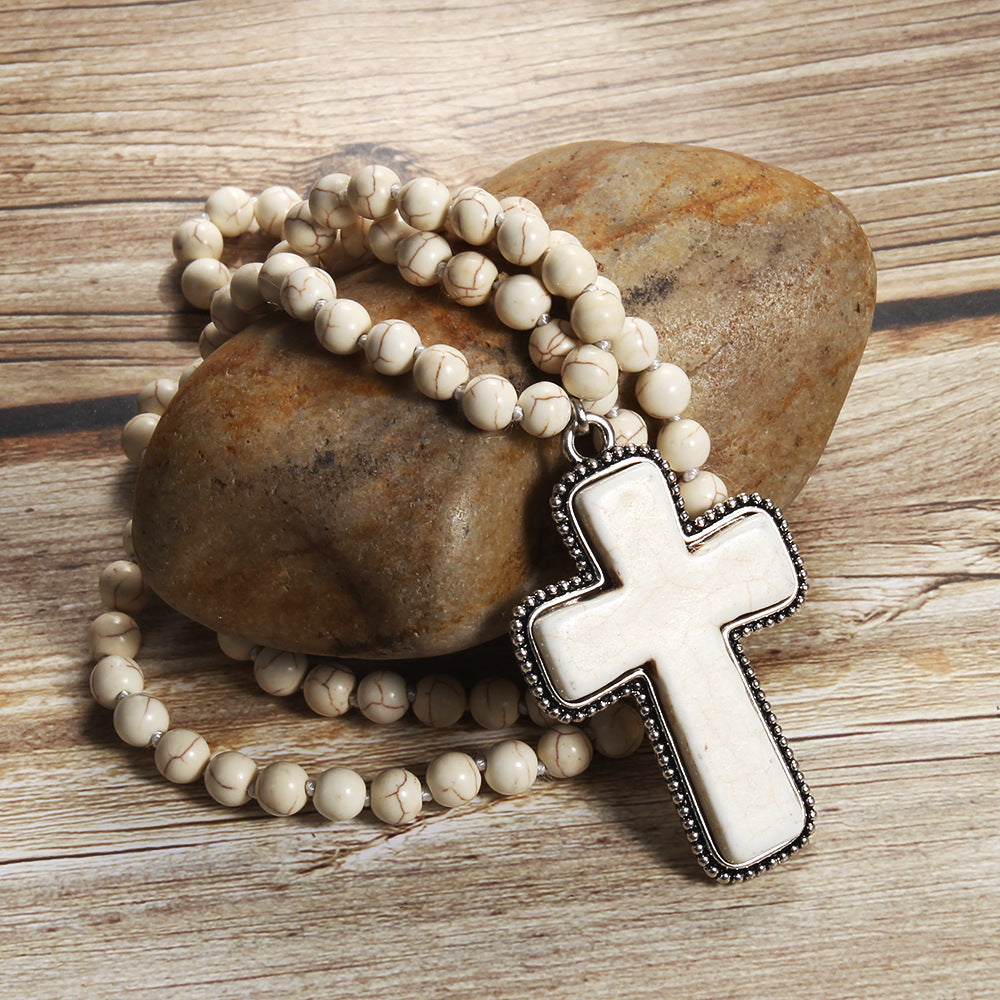 Bohemian Cross natural stone Beaded Chain Pendant Necklace In Bulk