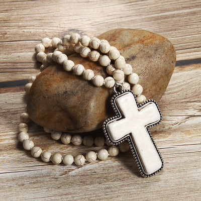Bohemian Cross natural stone Beaded Chain Pendant Necklace In Bulk