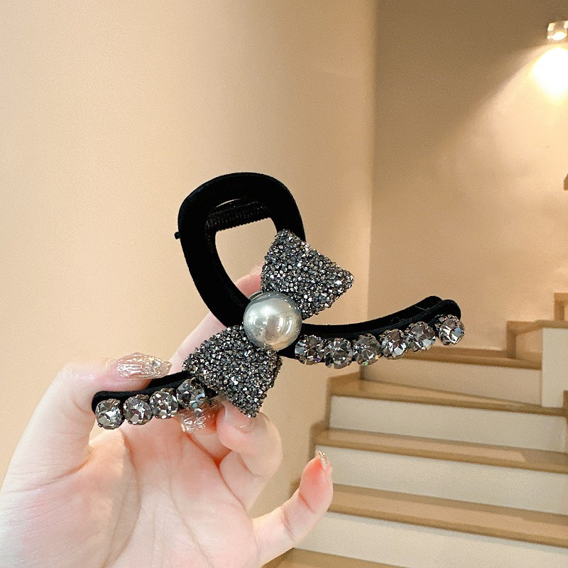 High-Grade Full Diamond Bow Hair Accessories Barrettes Women's Back Head Grip  Former Red Style Flocking Large Size Shark Clip
