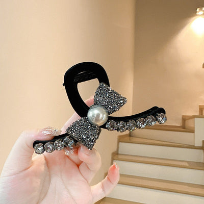 High-Grade Full Diamond Bow Hair Accessories Barrettes Women's Back Head Grip  Former Red Style Flocking Large Size Shark Clip
