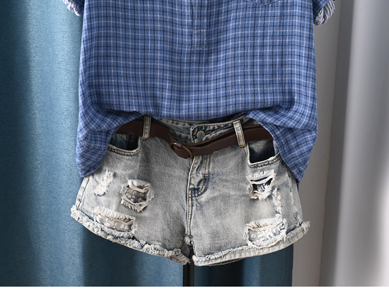 Women Summer Plaid Stand Collar 100%Cotton Shirt