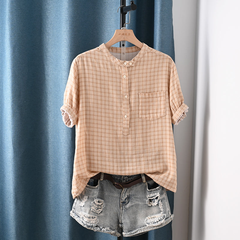 Women Summer Plaid Stand Collar 100%Cotton Shirt