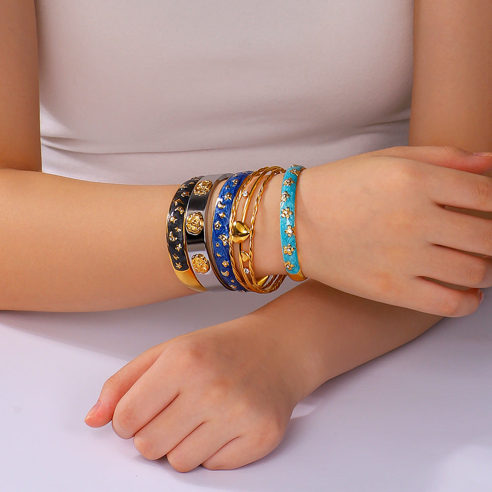 IG Style Flower 304 Stainless Steel Zircon Bangle In Bulk