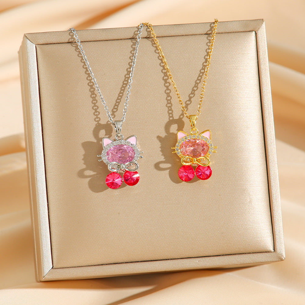 Jewelry Cute Simple Style Cartoon Cat Titanium Steel Zircon Pendant Necklace