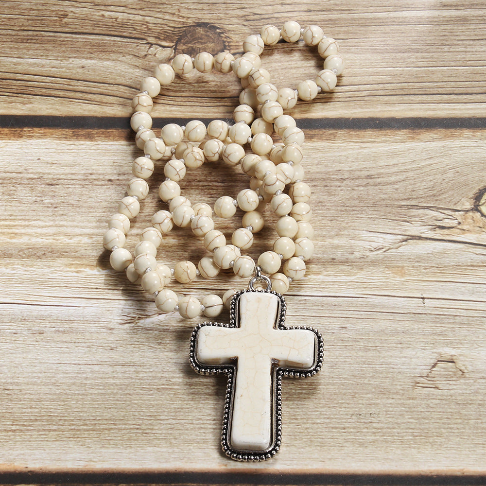 Bohemian Cross natural stone Beaded Chain Pendant Necklace In Bulk