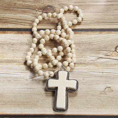 Bohemian Cross natural stone Beaded Chain Pendant Necklace In Bulk