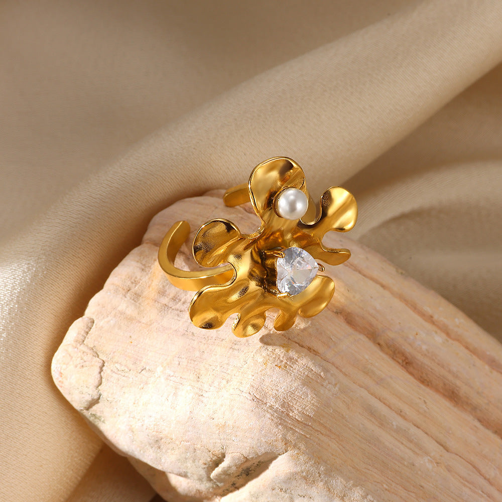 Jewelry IG Style Exaggerated Heart Shape Eye Solid Color 304 Stainless Steel Pearl Zircon Inlay Open Rings